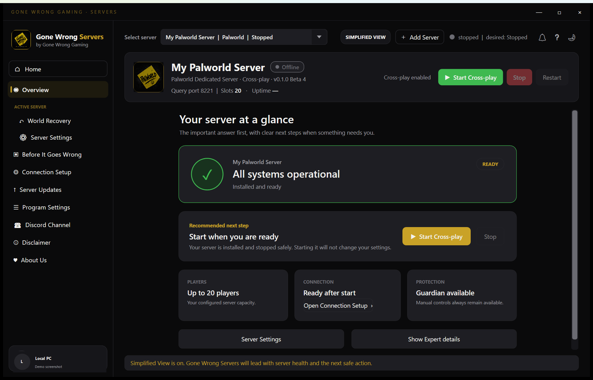 Simplified Gone Wrong Servers overview showing server status and the next recommended action