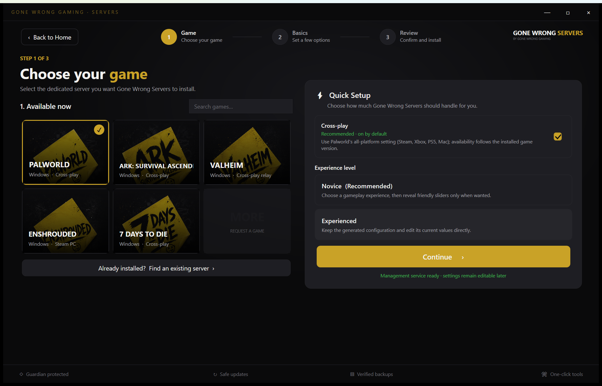Gone Wrong Servers installation wizard showing supported games