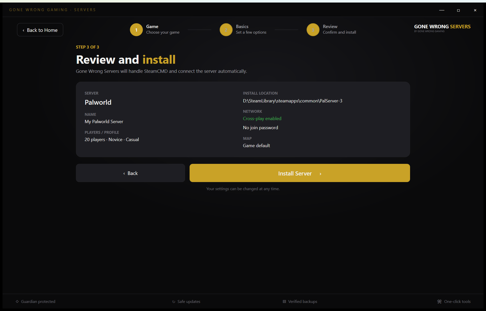 Gone Wrong Servers installation review step