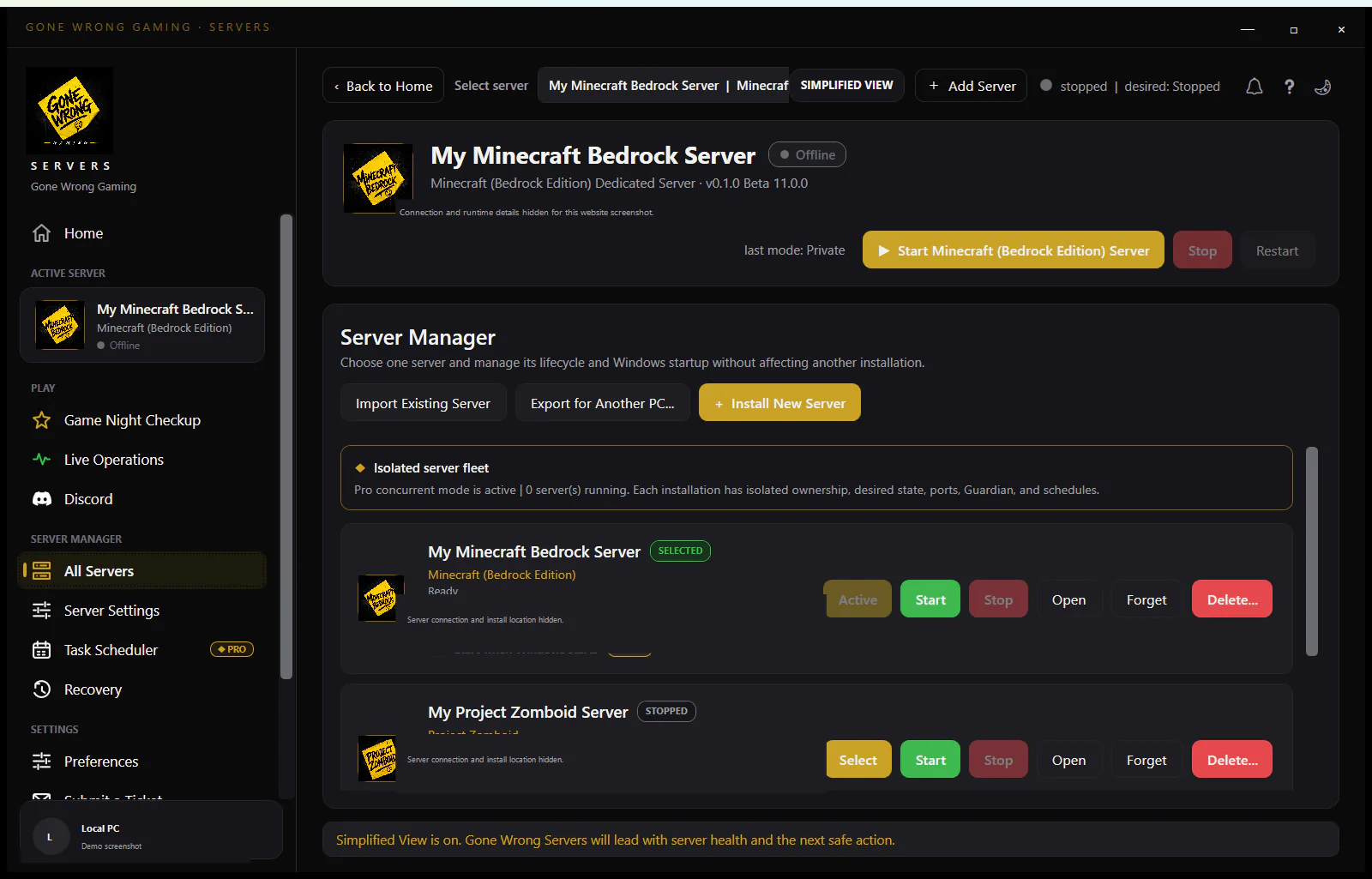 Gone Wrong Servers home screen showing a server and its recommended next action