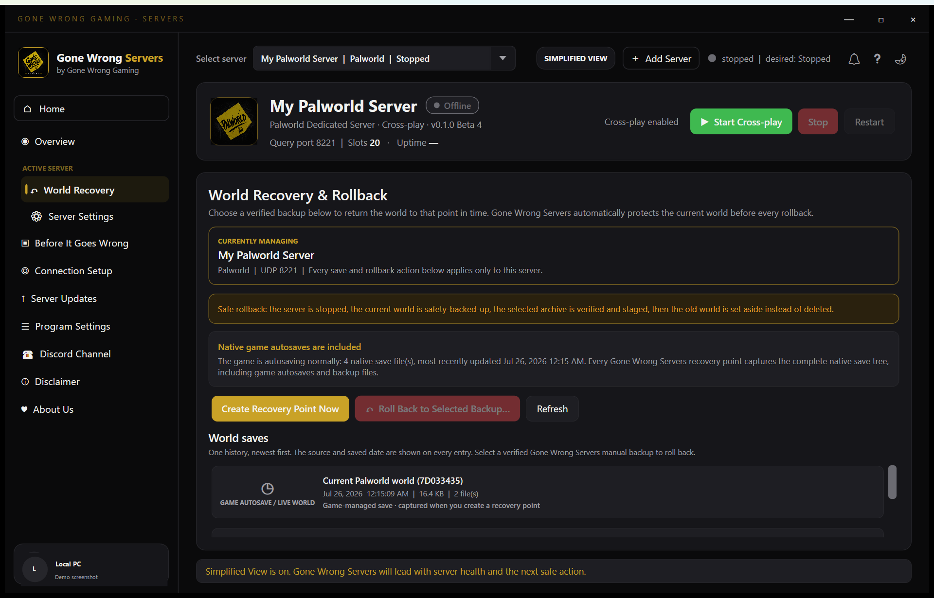 World Recovery screen listing verified recovery points with safe rollback to any saved world