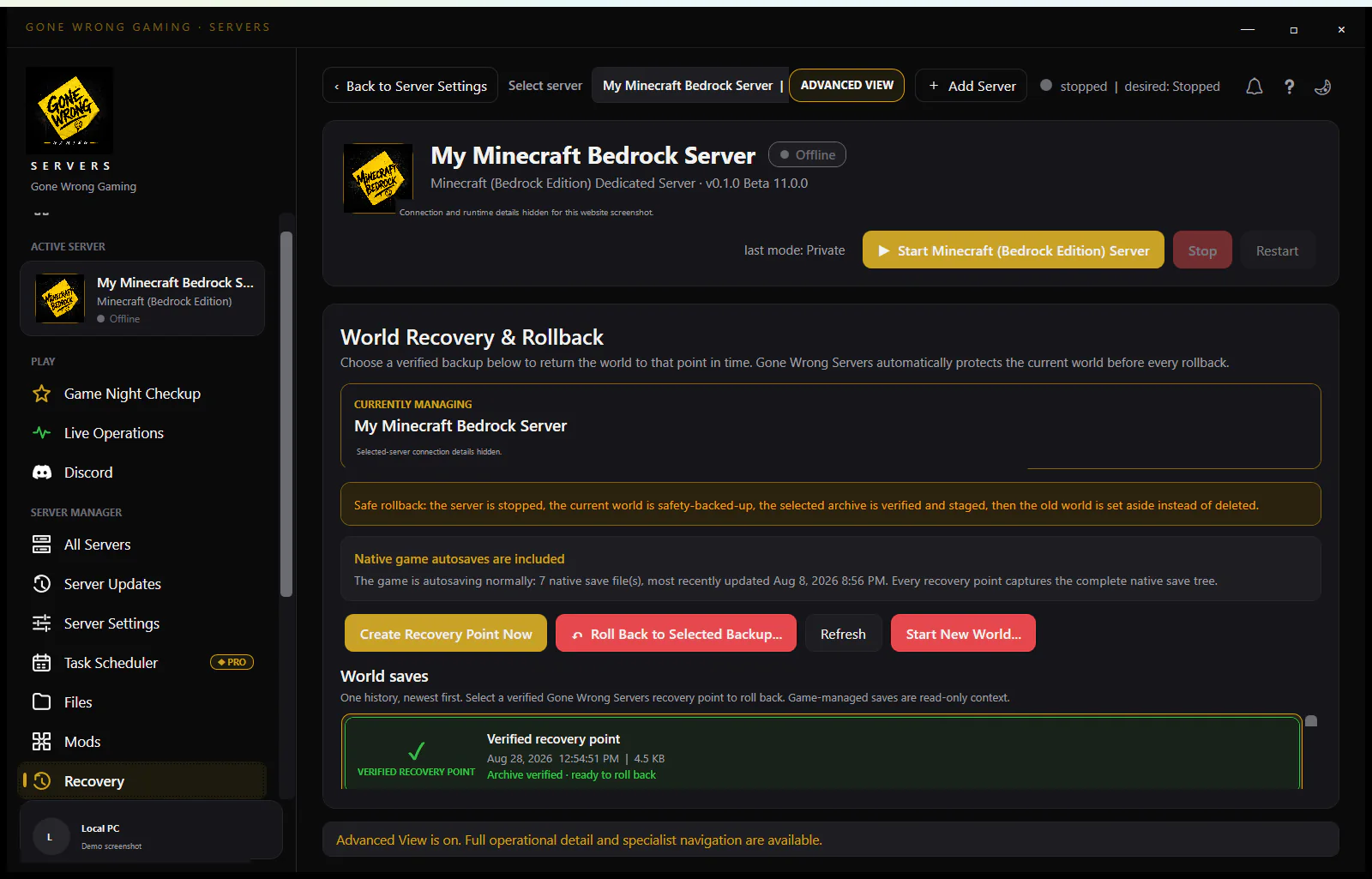 Gone Wrong Servers recovery view used to validate a complete Java 26.1 world import before production switch