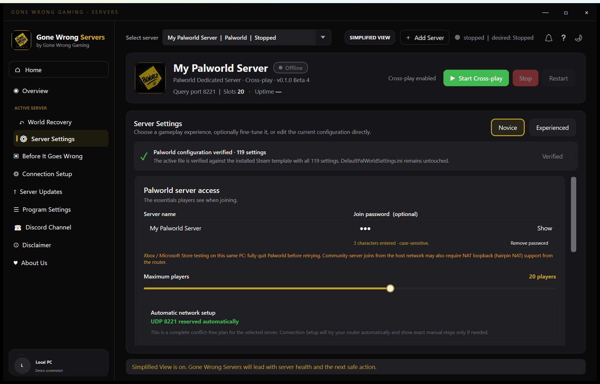 Server Settings screen in Gone Wrong Servers