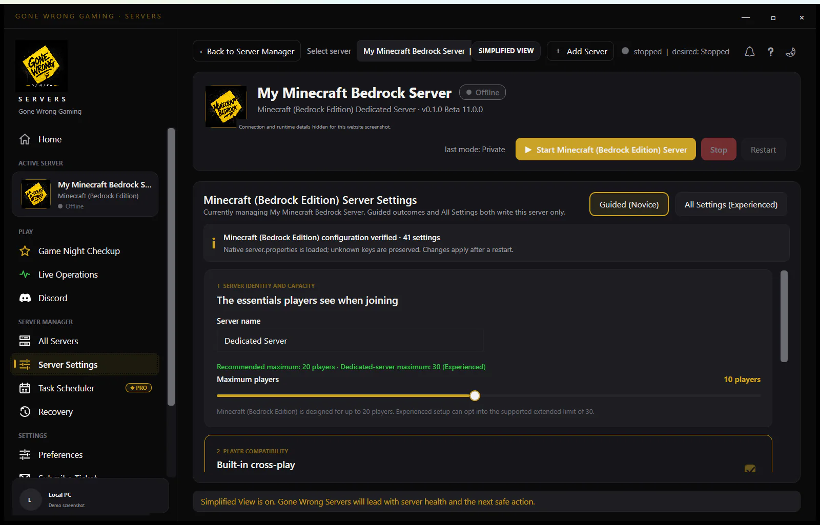Gone Wrong Servers simplified settings screen for configuring Enshrouded player roles