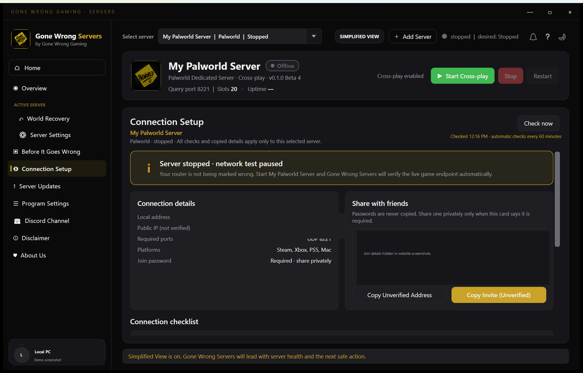 Connection Setup screen in Gone Wrong Servers