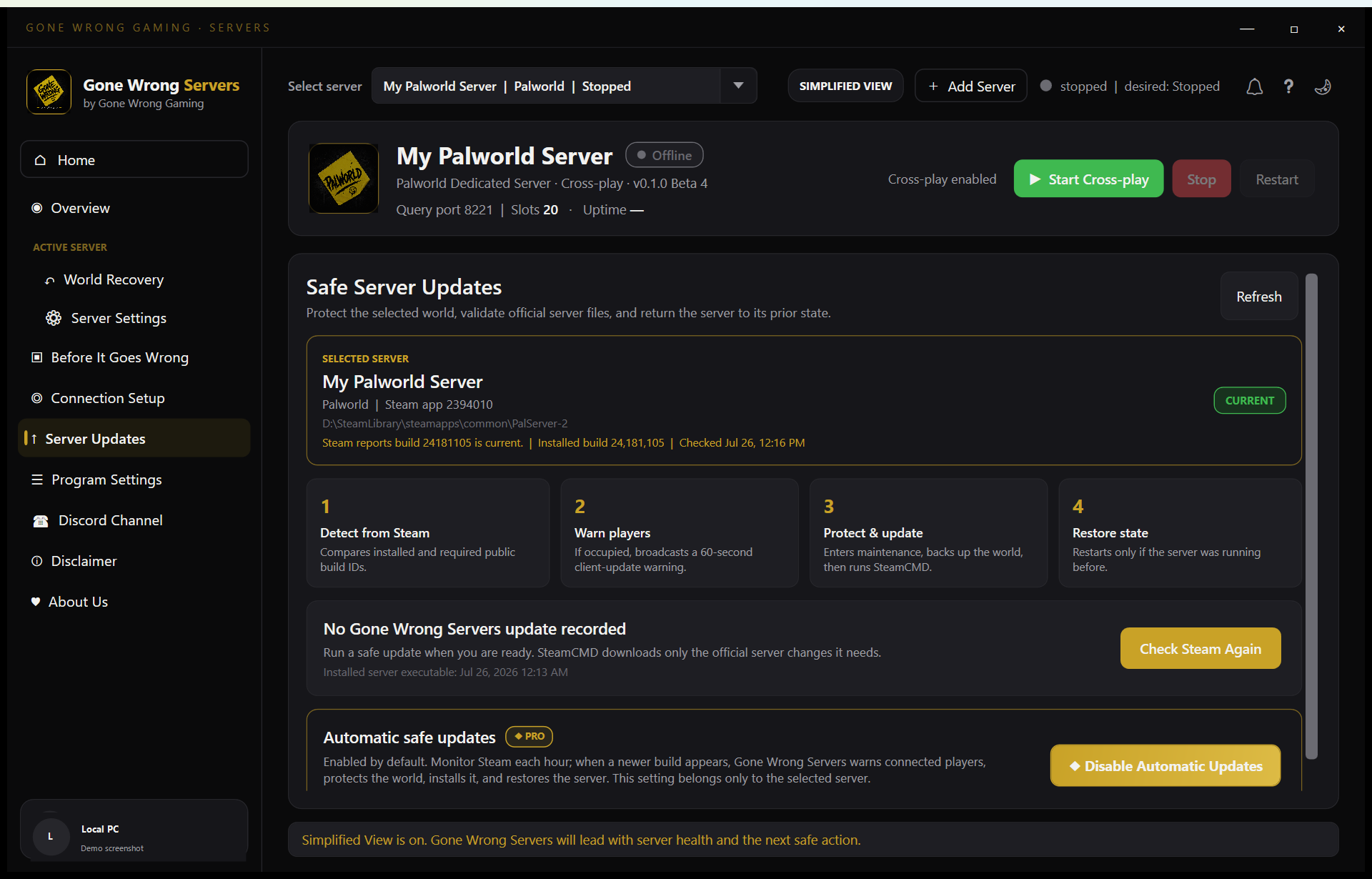 Safe Updates screen in Gone Wrong Servers