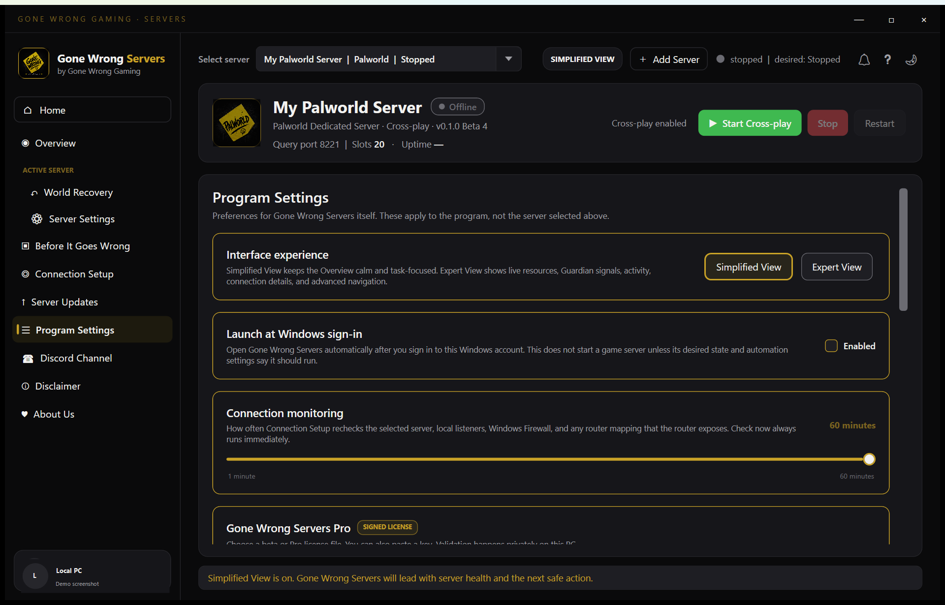 Gone Wrong Servers program settings screen