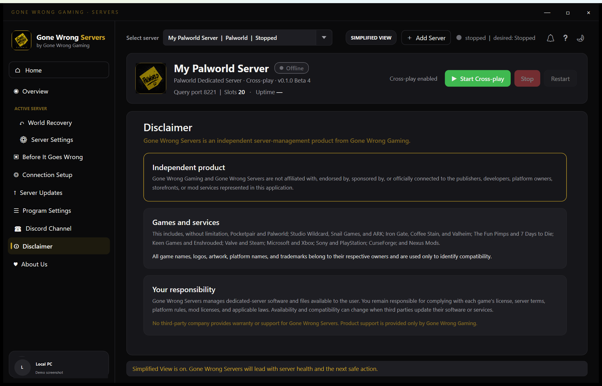Gone Wrong Servers disclaimer screen