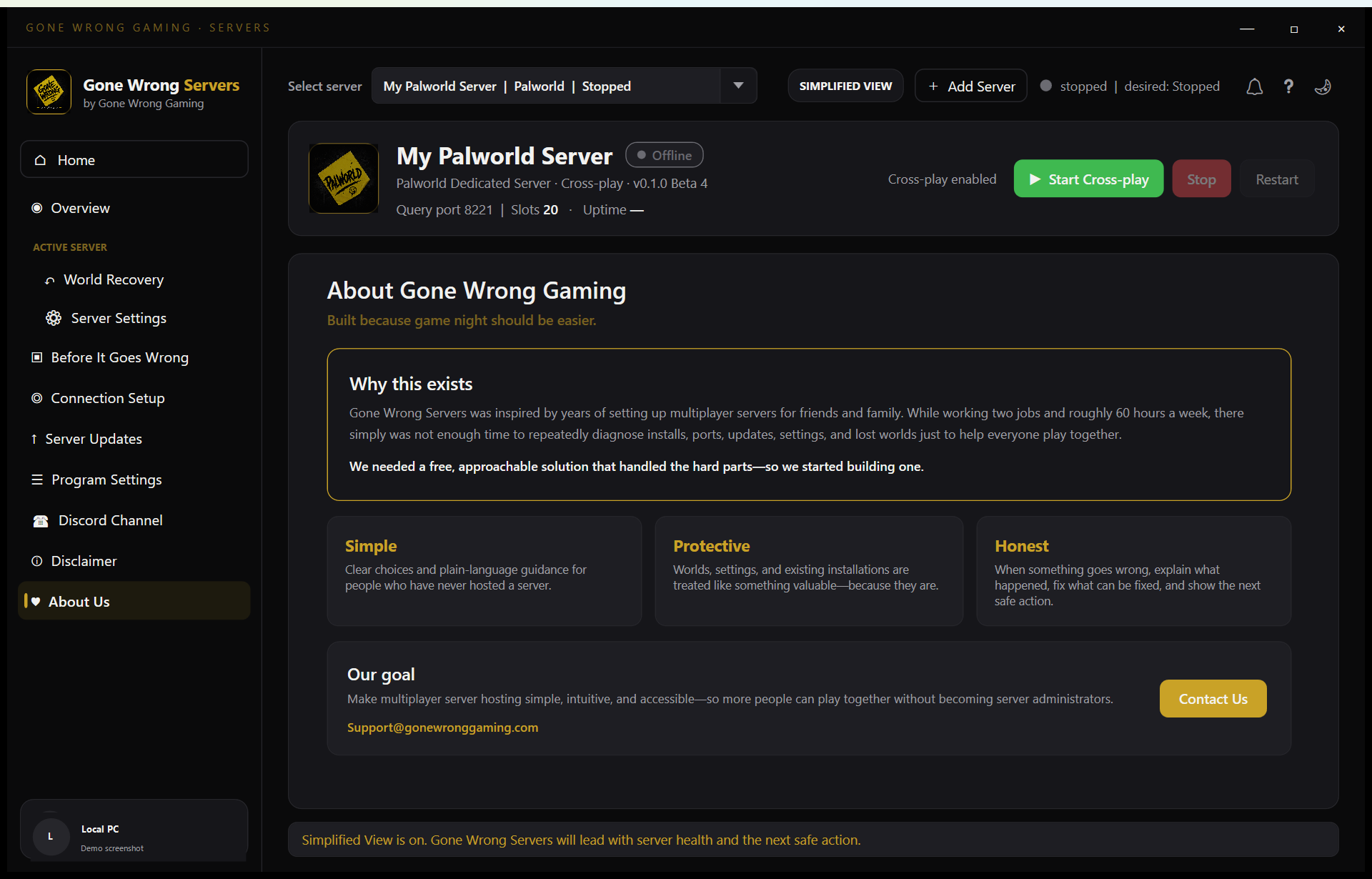Gone Wrong Servers About Us screen