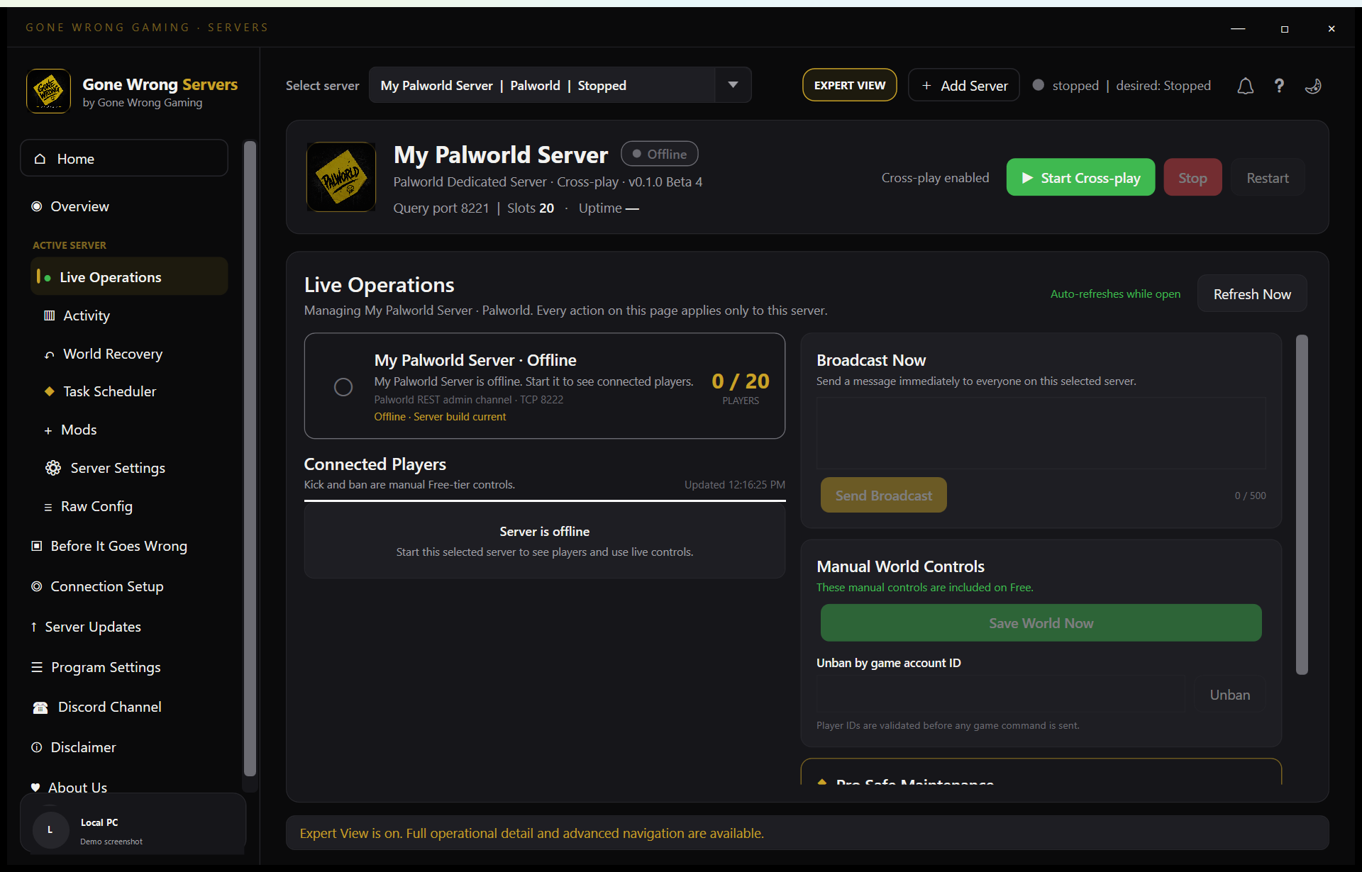 Live Operations screen in Gone Wrong Servers