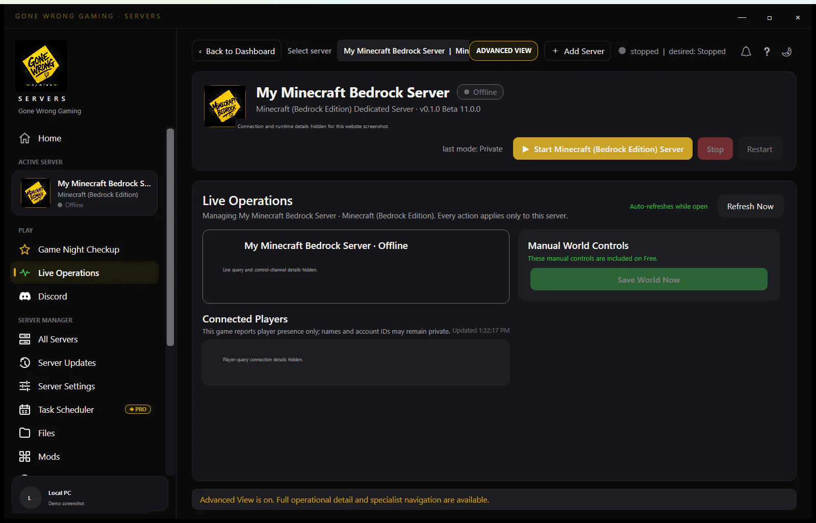 Gone Wrong Servers live operations screen explaining the manual Abiotic Factor save and stop boundary