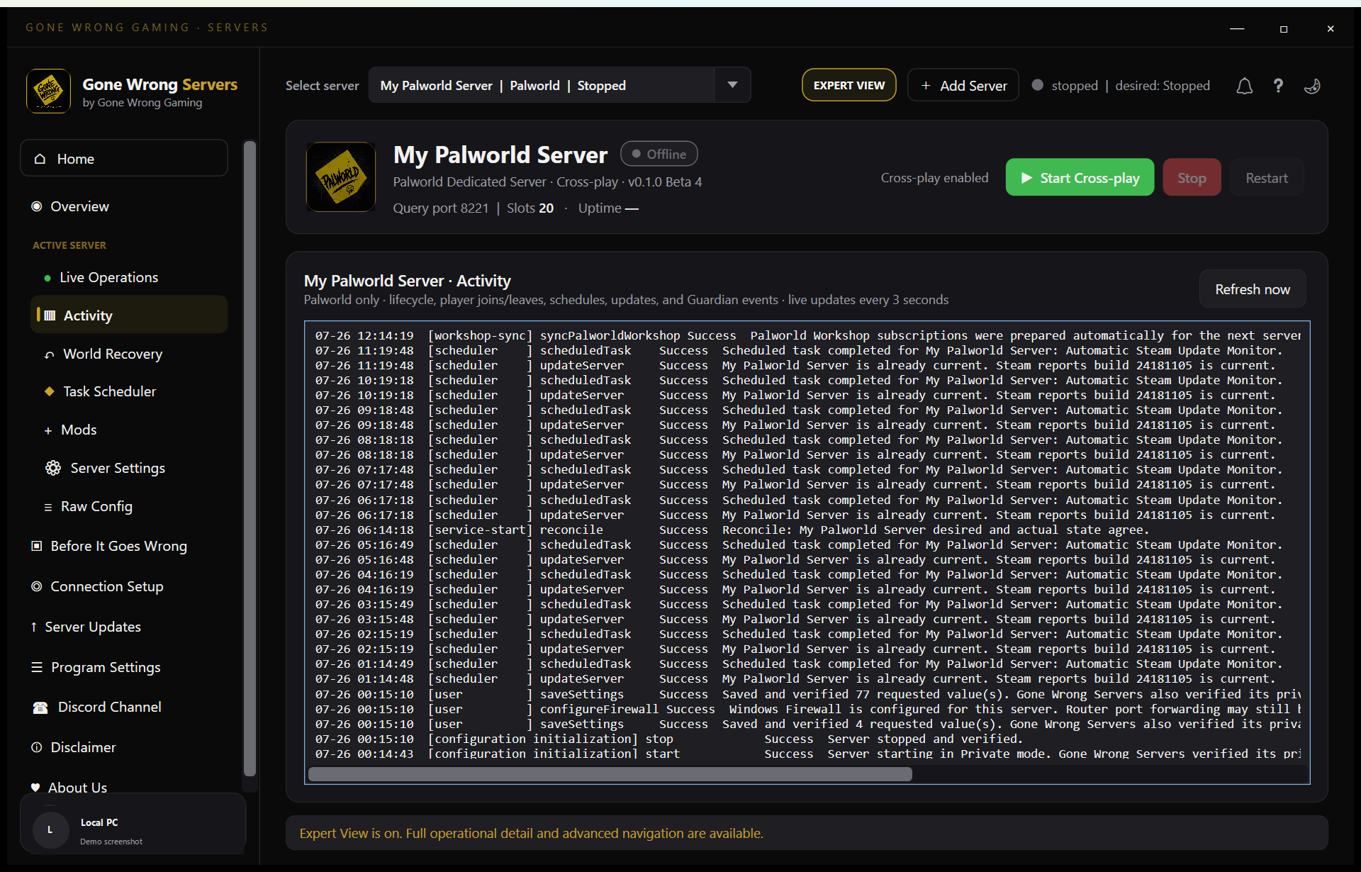 Gone Wrong Servers activity history screen