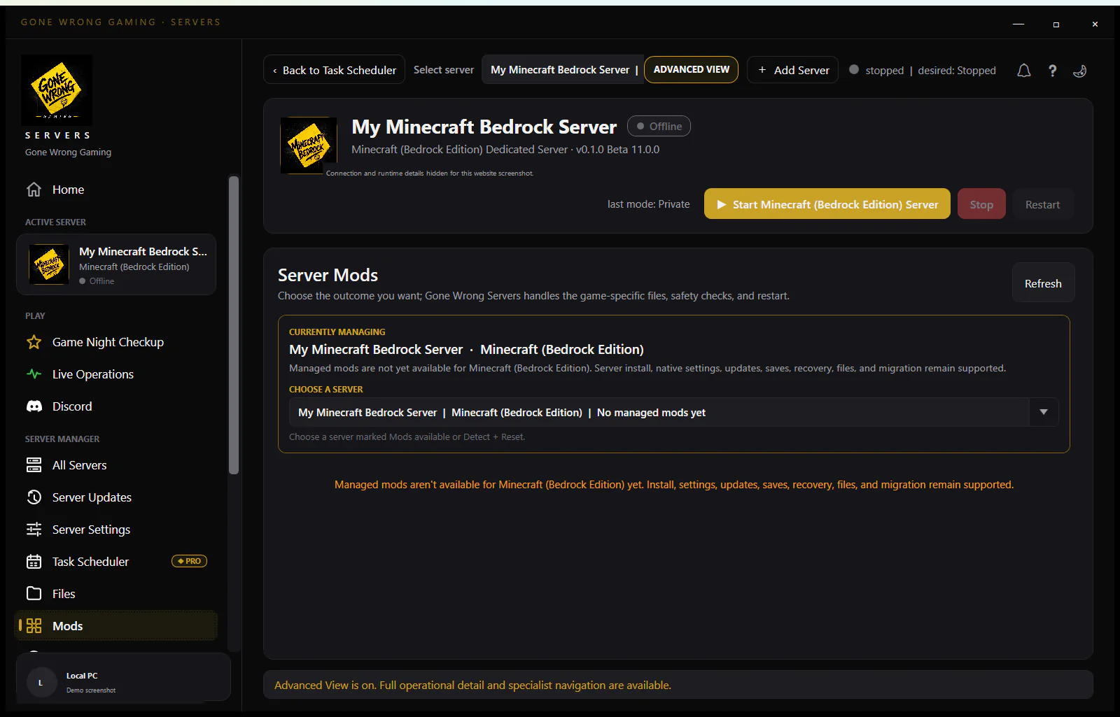 Gone Wrong Servers mod screen used to inspect a Palworld native Workshop server package