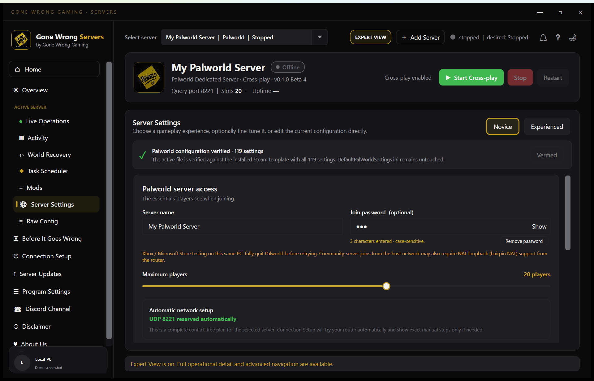 Experienced Gone Wrong Servers settings screen